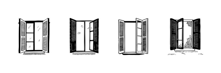 Open Windows Doodle Sketch Set. Fresh Air, Ventilation, And Scenic Views In Hand Drawn Style Collection. Home Decor And Architecture Elements. Hand Drawn Isolated Vector Illustration