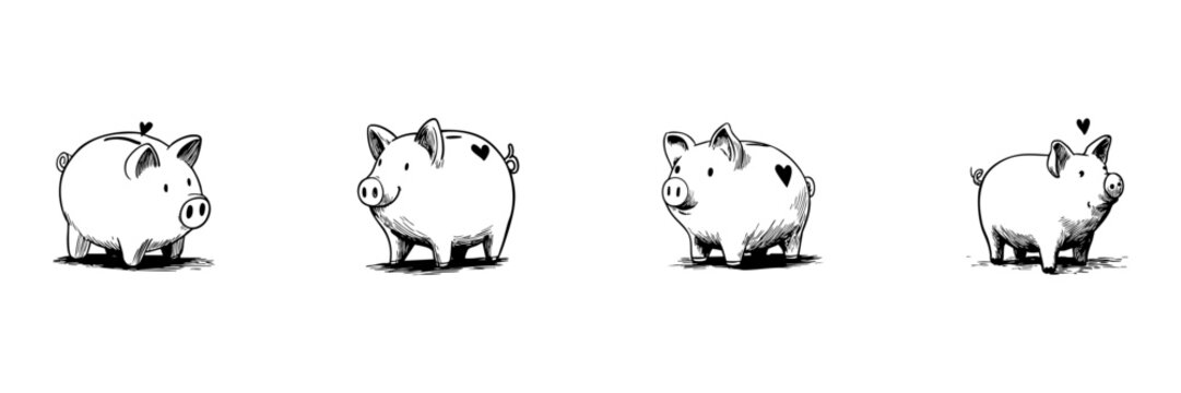 Piggy Bank With Heart Doodle Sketch Set. Savings, Financial Planning, And Investment Symbolism In Hand Drawn Style Collection. Cute And Whimsical Design. Isolated Vector Illustration - Powered by Adobe
