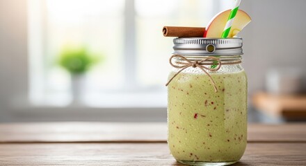 A refreshing green smoothie in a mason jar, garnished with apple and cinnamon, on a wooden table with a bright background.
