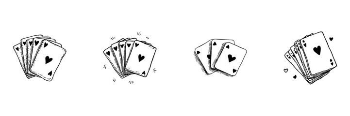 Playing Cards Doodle Sketch Set. Poker, Gambling, And Card Game Symbols In Hand Drawn Style Collection. Vintage Casino And Entertainment Theme. Isolated Vector Illustration