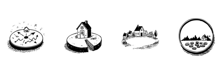House And Pie Chart Doodle Sketch Set. Real Estate Investment, Property Distribution, Financial Planning In Hand Drawn Style. Homeownership And Wealth Management. Isolated Vector Illustration