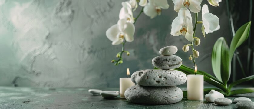 Harmony, massage, spa and body care Zen stones, candles and white orchid flower calmness aroma. - Powered by Adobe