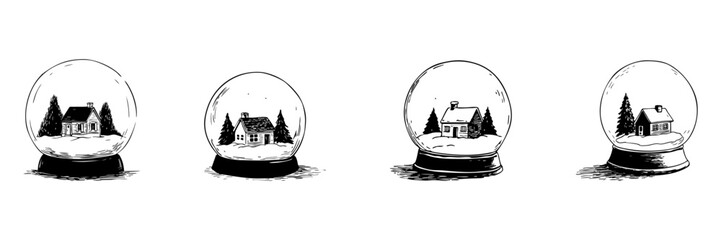 Snow Globe With Winter Cabin Doodle Sketch Set. Festive Holiday Decoration And Seasonal Charm In Hand Drawn Style Collection. Cozy Winter Scene. Hand Drawn Isolated Vector Illustration