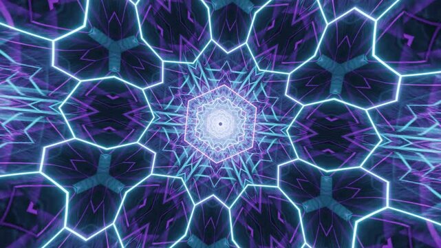 Abstract kaleidoscope mandala neon acid background glowing with hexagonal fractal patterns, creating luminous futuristic symmetry through infinite visual motion