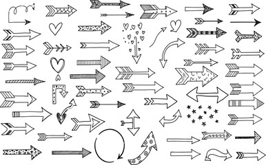Collection of hand drawn arrow illustrations and symbols in a sketchy doodle style