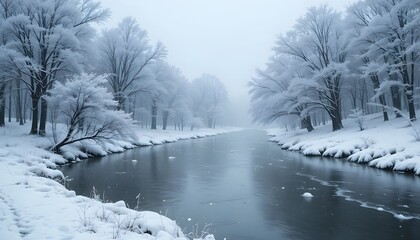  large snowflakes falling gently onto a frozen river with quiet winter stillness all around 