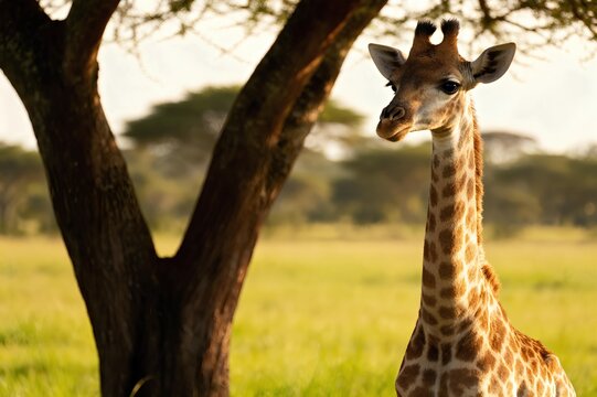 Young giraffe calf resting in savanna shade, spotted camelopardalis with long neck, African wildlife reserve for conservation and safari tourism, natural habitat, family herd, grassland environment