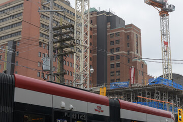Fototapeta premium streetcar on Bathurst and construction work at Toronto Western Hospital (UHN) viewed from Nassau Street