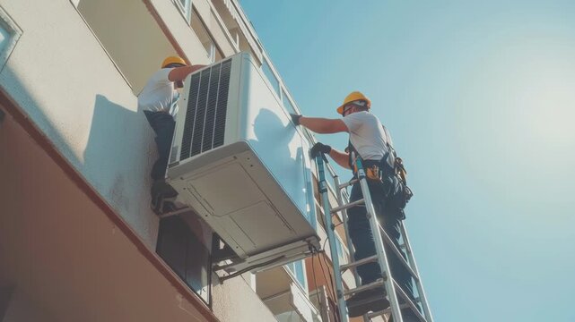 HVAC technicians installing a new air conditioning unit on a building exterior
