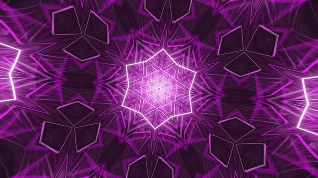 Neon acid mandala kaleidoscope abstract background glowing with hexagonal luminous geometry, radiant fractal structures forming endless futuristic motion designs