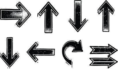 Collection of hand drawn grunge arrows in black and white pointing in various directions