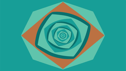 Teal and Orange Geometric Spiral with Square and Circular Elements abstract background
