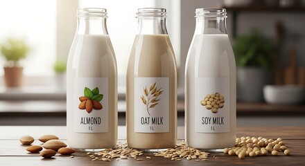 Variety of plant based milk in glass bottles almond oat and soy milk on wooden table with natural light backdrop concept of healthy lifestyle