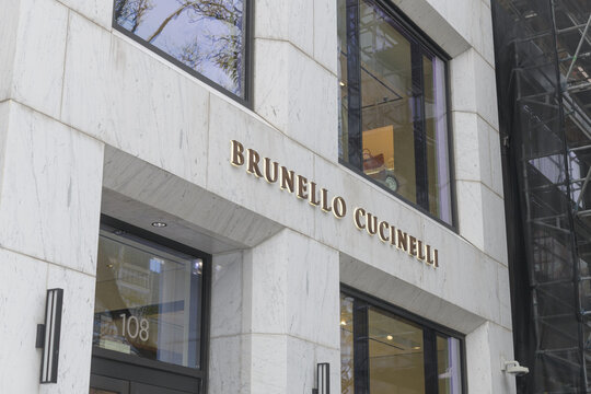 exterior building facade and sign of Brunello Cucinelli, an Italian luxury fashion brand, located here at 108 Yorkville Av, Toronto