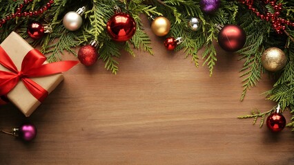 Overhead View of Christmas Decor with Evergreen Border, Ornaments, and a Wrapped Gift