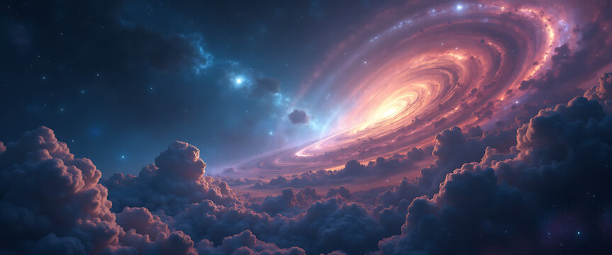 Vibrant spiral galaxy in deep space surrounded by colorful glowing nebulae and stars