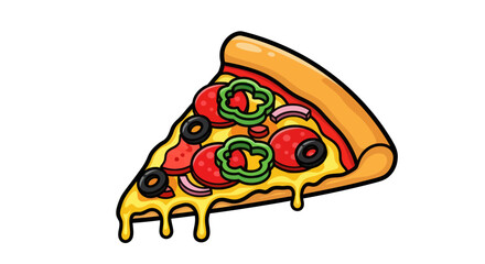 Delicious pizza slice with various toppings and melted cheese ready to eat.