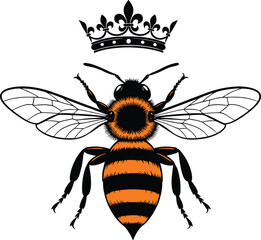 Queen bee illustration, royal crown insect, honeybee silhouette art, leadership symbol, dominance concept, nature design, striped abdomen vector, decorative wings