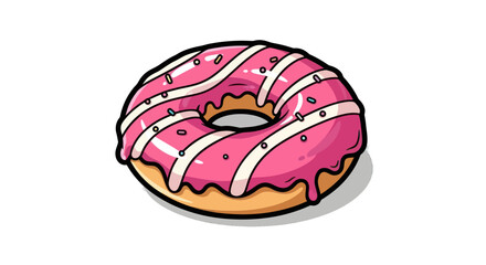 Delicious pink frosted donut with white stripes and sprinkles on top.