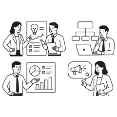 Set of people vector illustrations in various activities of business planning and strategy, management, marketing vector