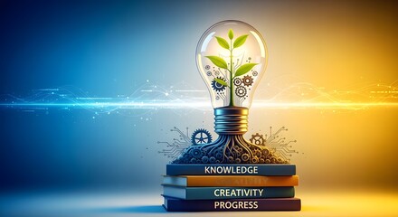 Innovative lightbulb with plant growing on a stack of books creative concept