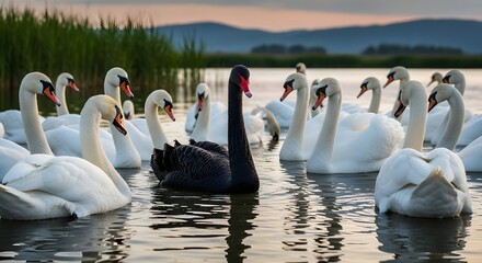 A group of swans swimming peacefully on a calm lake during sunset with a scenic background of mountains and lush greenery