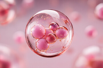 Pink and magenta spheres within a clear droplet against a soft blurred background creating a scientific cosmetic aesthetic