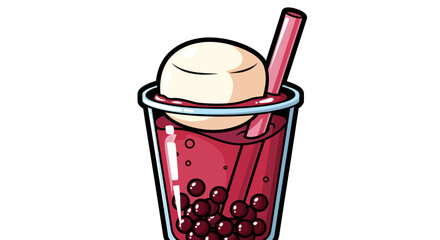 Delicious Red Bubble Tea with Creamy Ice Cream Topping and Tapioca Pearls.