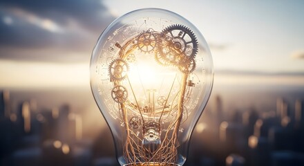 Innovative lightbulb with gears and cityscape background concept illustration