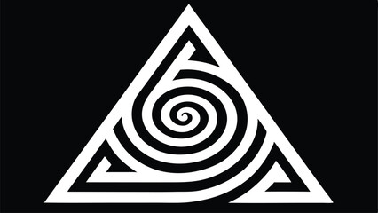 White geometric triangle with a black spiral maze and concentric lines on a black background Keywords: geometric, triangle, spiral, maze