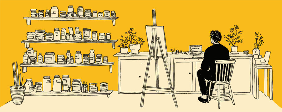 A man sits in a studio with a painting easel in front of him. The room is filled with various plants and jars. The man is focused on his painting