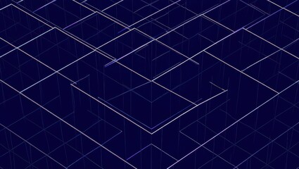 An abstract digital background featuring a complex grid of intersecting white geometric lines on a dark blue canvas.