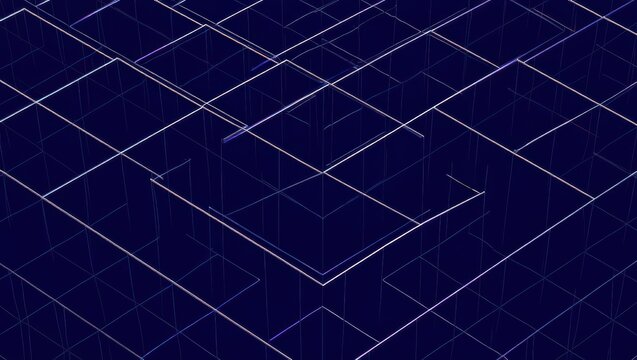 An abstract digital background featuring a complex grid of intersecting white geometric lines on a dark blue canvas.