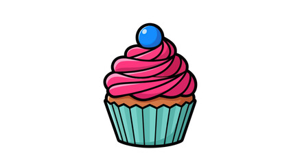 Delicious pink frosted cupcake with a blue candy on top.