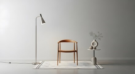 Modern interior design with chair lamp table and vase on neutral background