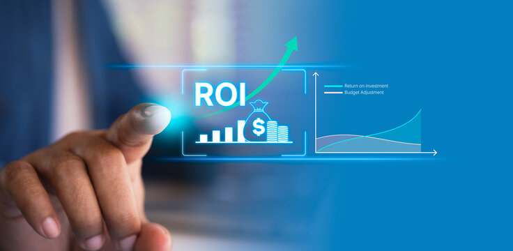 Business ROI growth analysis concept with a hand interacting with a glowing digital interface showing rising returns, budget trends, and financial performance metrics for strategic decision making