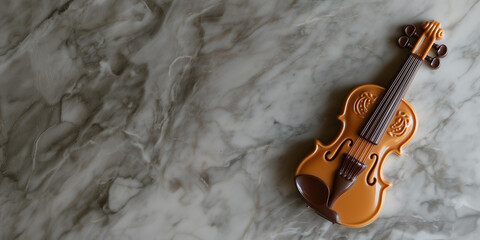 Chocolate violin on elegant marble surface with negative space. Gourmet handcrafted dessert art for culinary and branding use.