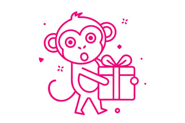 Line art pink monkey carries a gift box with a surprised expression