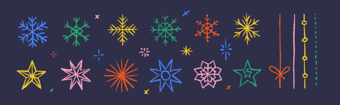 Snowflake line in outline draw style. Minimalist winter symbols. Chalk or pencil drawing of a set of stars elements. Christmas and New Year design.