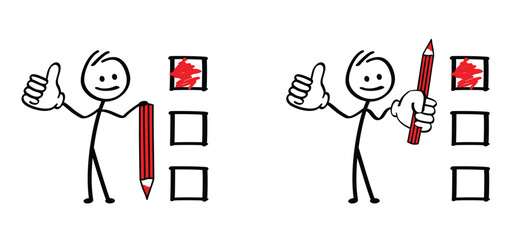 Mascotte, vote with a red pencil. Election Day, for people in to voting booth and ballot box. Check List, red cross. Elections, of the first or second chamber elections. Referendum or politic concept.