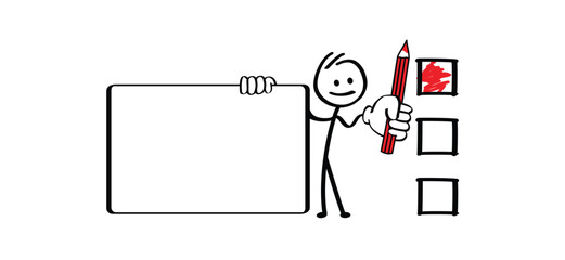 Mascotte, vote with a red pencil. Election Day, for people in to voting booth and ballot box. Check List, red cross. Elections, of the first or second chamber elections. Referendum or politic concept.