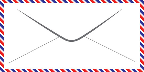 Air mail letter. Post stamp. Airmail frame postcard. Blue red stripes pattern. Mockup template envelope. Vector illustration