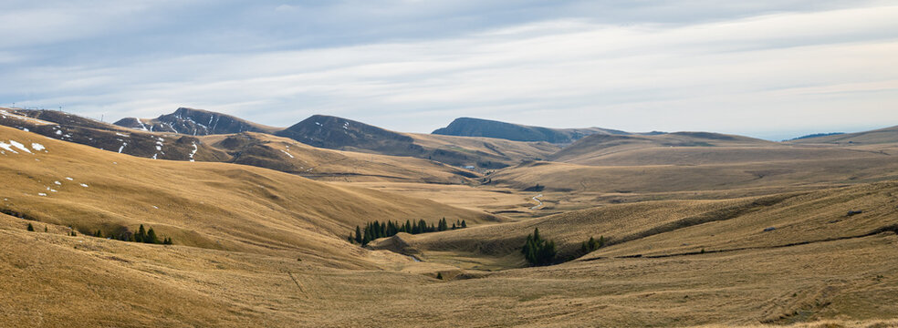 Expansive landscape with rolling mountains, snow-capped peaks, and scattered spruce trees in Bucegi Mountains, Romania