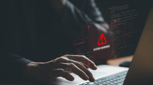 Close up shot of people point to access to personal data and document with warning sign as concept of data breach or attack from hacker or spyware. Data security concept.