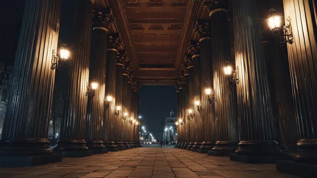Night view of the colonnade with lights and architecture in Saint Petersburg