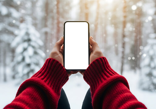 Person holding a smartphone in a snowy forest