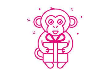 Pink monkey happily holds a wrapped gift with ribbon on a white background