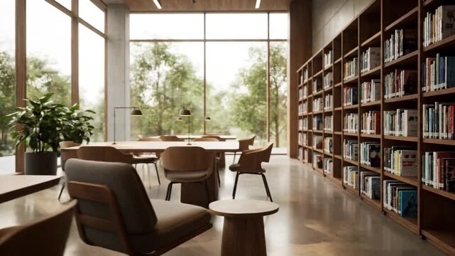 A modern library interior features bookshelves, wooden tables, and large windows overlooking nature.