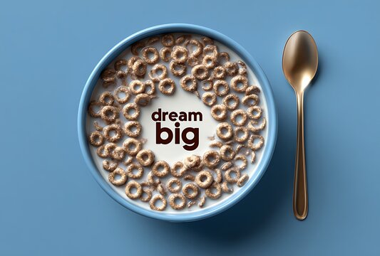 A bowl of cereal with milk and the words dream big displayed