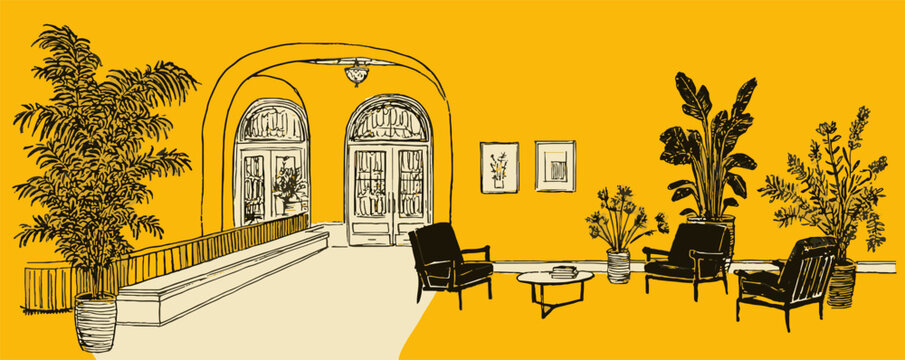 A yellow and black drawing of a lobby with a few chairs and potted plants. The drawing has a warm and inviting mood, with the yellow walls